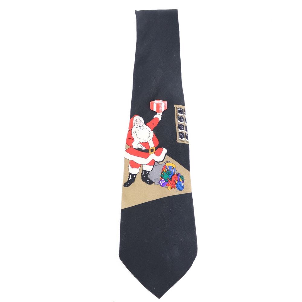 Vicky Davis Santa Tie Mens 60 in Silk Black Red Presents Christmas Xmas Holiday